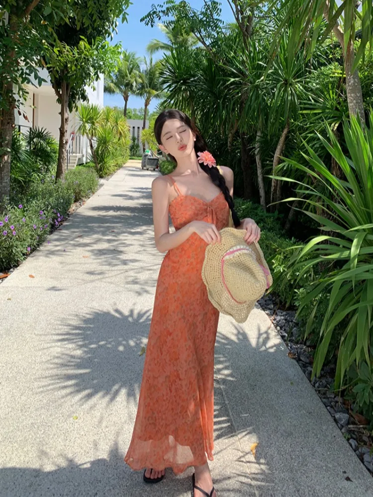 Summer Floral Print Chiffon Dress Women\'s Belted White Orange Strap Beach Vacation Long Skirt High Waist V-Neck A-Line Gown