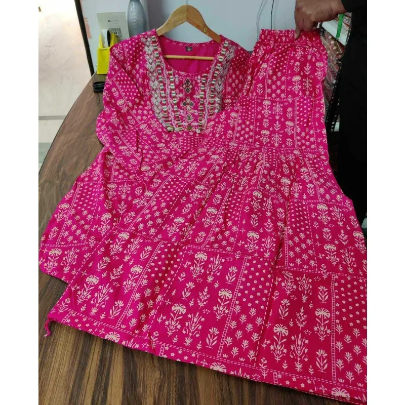 

Party Wear Indian Women Pink Embroidery Work Kurti with Sharara Gift Dress Set