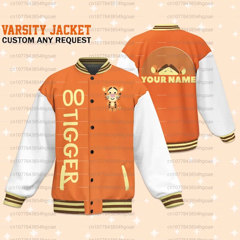 New Customized Name Tigger Baseball Jacket Disney Tigger Casual Baseball Jacket Oversize Street Men's and Women's Jacket