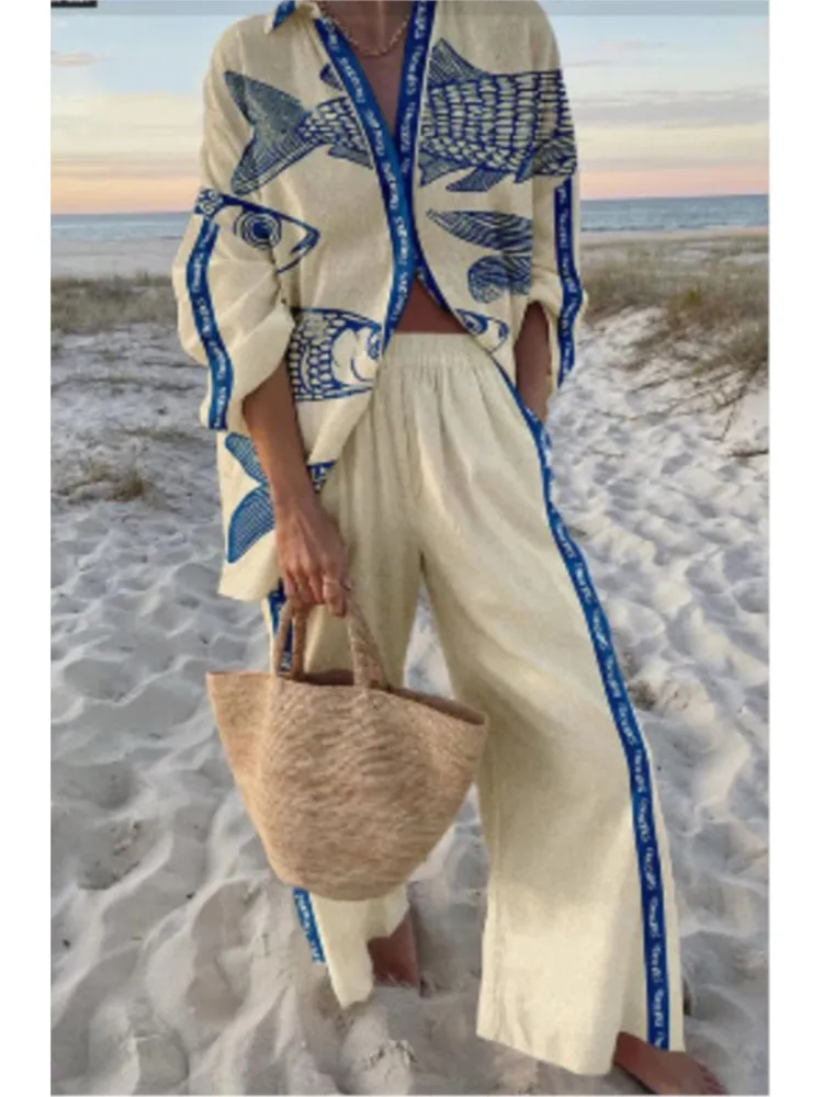 Summer Fashion New Vacation Style Cruise Print 2-Piece Set Lapel Shirt + Wide-Leg Pants Women Casual Cruise Outfit Beach Holiday