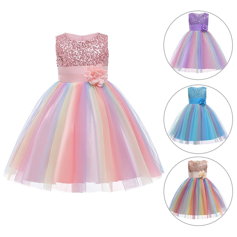 

Girl Sequin Luxury Princess Dress Girls Flower Sleeveless Rainbow Mesh Tutu Dress Children Clothes Birthday Wedding Carnival