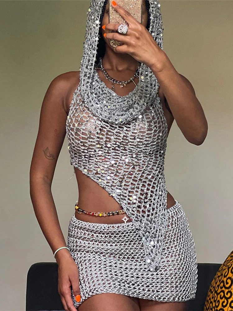 

Lady Chic Sequin Low-rise Slim Mini Skirt Sets Women Sleeveless Off Shoulder Hollow Out Hooded Top Suit Holiday Party Outfits