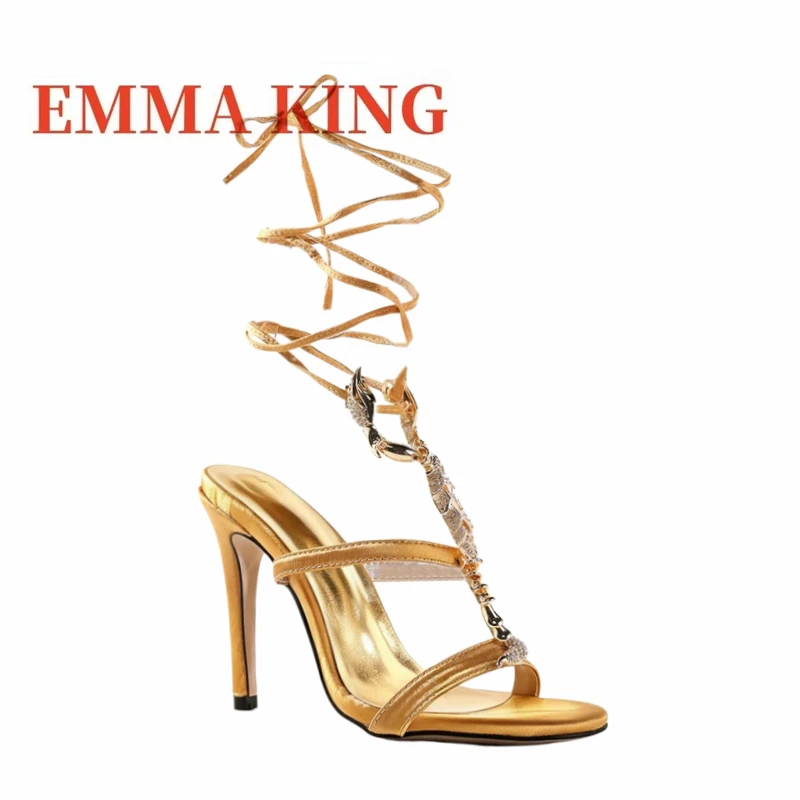 

Women’s Rhinestone Scorpion Lace-Up Sandals, Open Toe Stiletto Heels Ankle Wrap Sandals, Gladiator Wrap Around Sandals In Gold