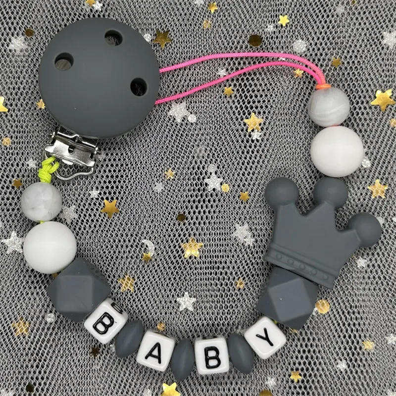 1Pcs Custom Name Silicone Beads Baby Pacifier Clips Personalised Name Colorful Crown Pacifier Chain Teething Newborn Holder Gift