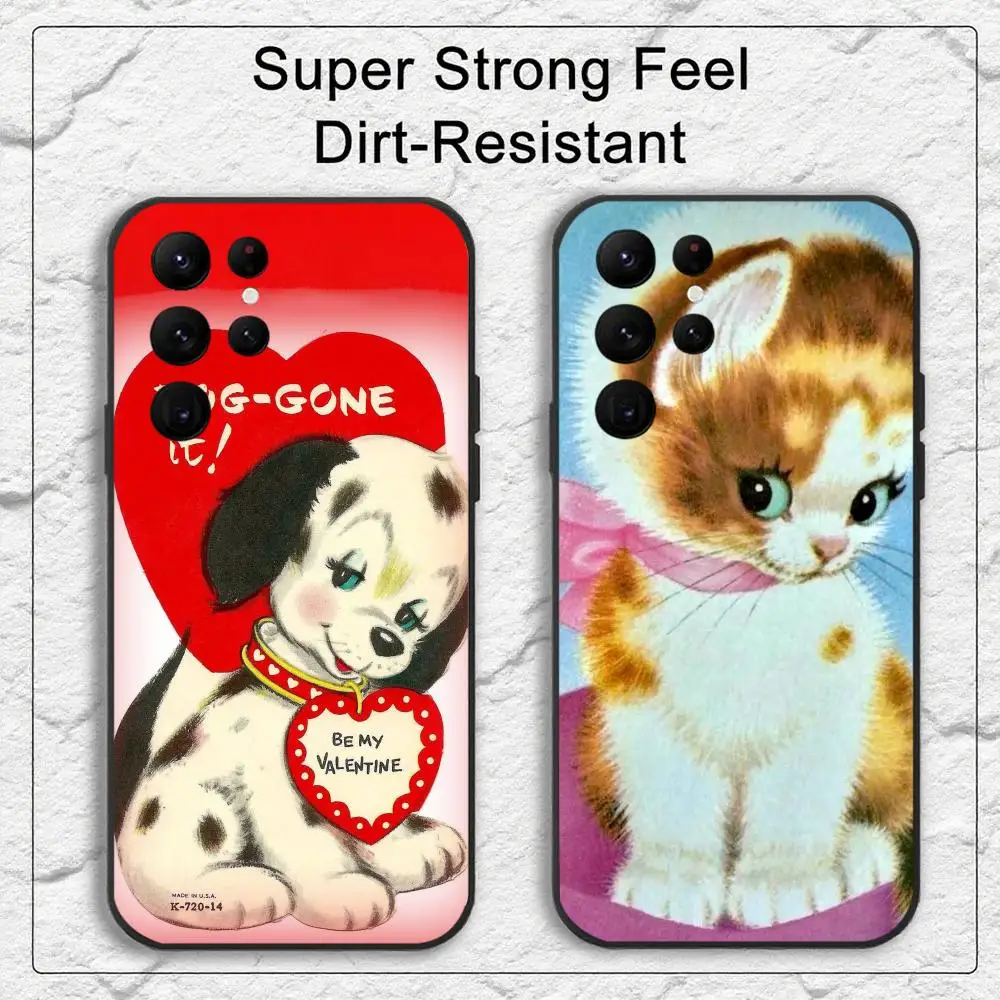 Funda de teléfono con diseño de perro lindo y tarjeta de San Valentín vintage, de dominio público, para Samsung serie S, S20, S21, S22, S23, S24, FE, Plus, Ultra, TPU, suave