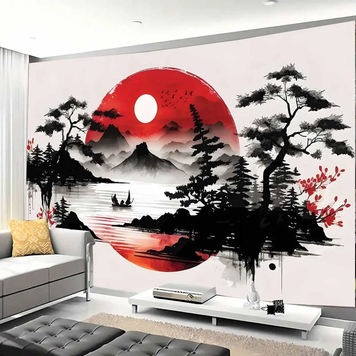 Japanese Mountain Landscape Tapestry Wall Mural Asian Zen Style Sun Bamboo Print Living Room Decor Art Home Accent Fabric Decor
