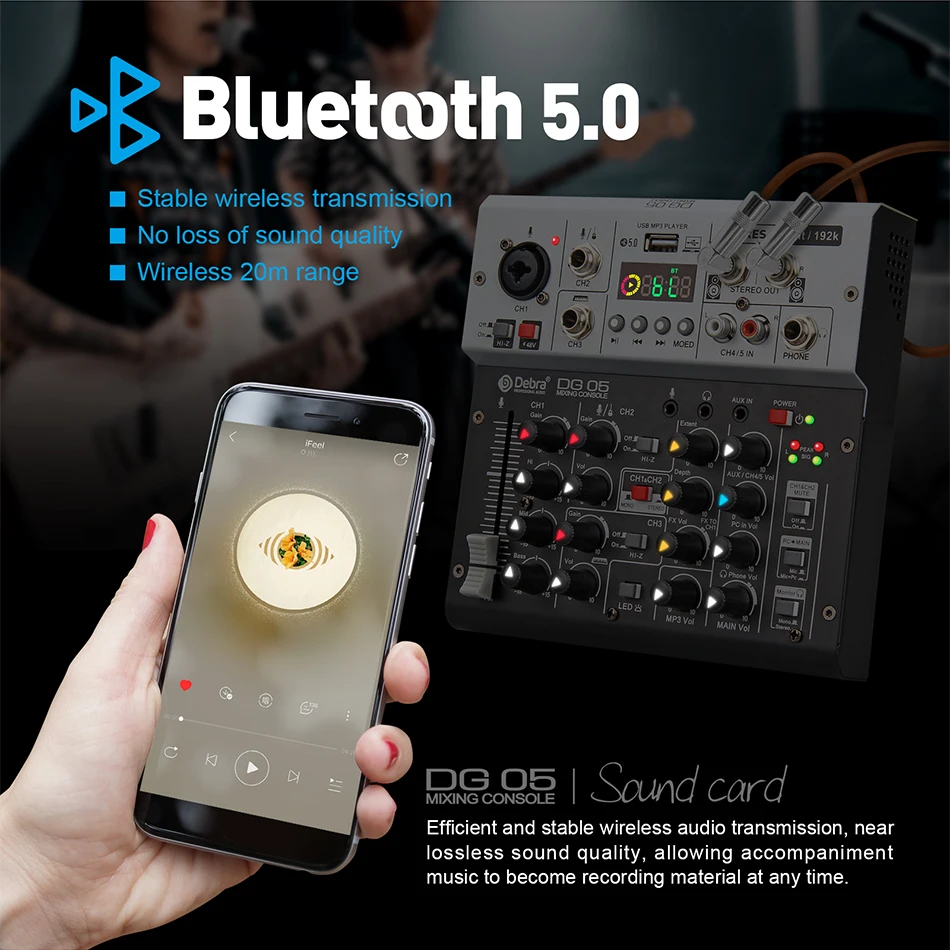 Professional DG05 24bit 192k Sound Card Audio DJ Mixer Studio Quality, 5.0 BT, for PC, Electric Guitar Live Recording, Singing