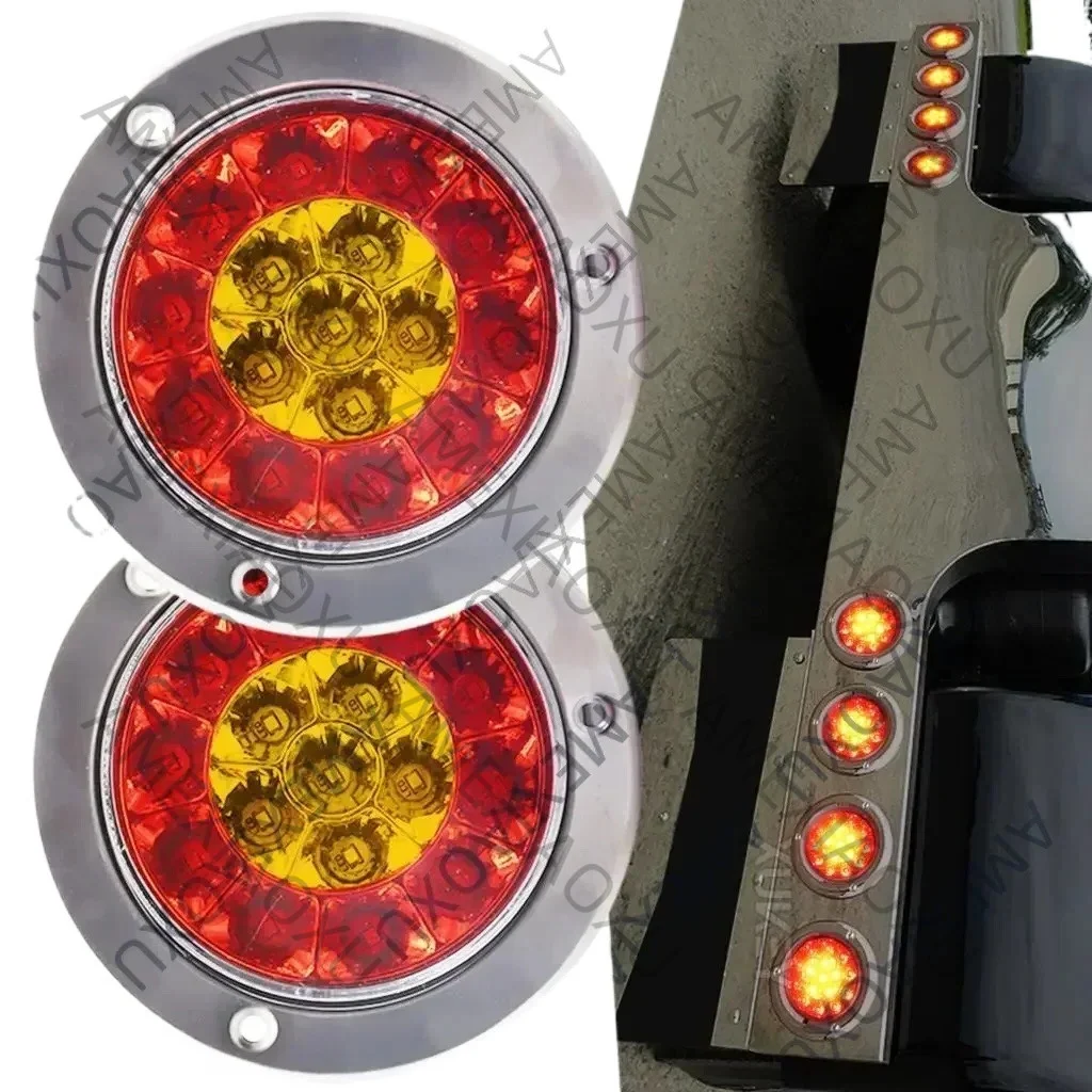 WANWUXIN Pair 12V 24V Round LED Red Amber Tail Lamp Brake Rear Bumper Turn Signal Fog Running light Trailer Truck RV Caravan Cam
