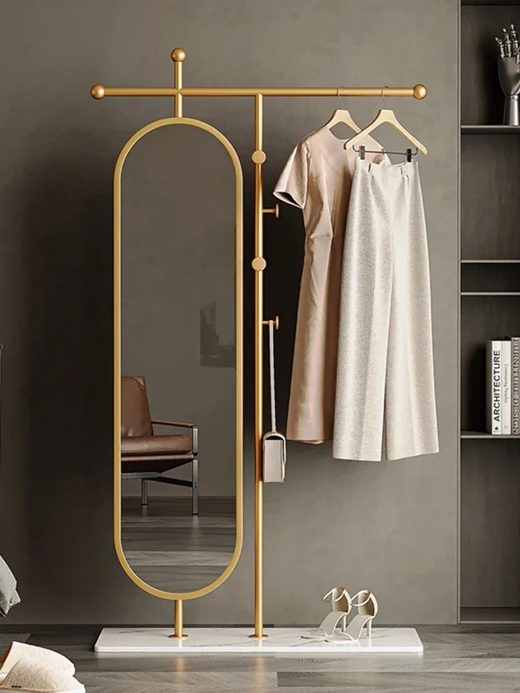 

Light Luxury Coat Rack Dressing Mirror Clothes Rack Floor Bedroom with Mirror Multifunctional Hanging Clothes Hanger