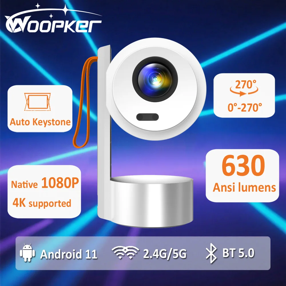 

WOOPKER R3H4 Projector 630ANSI Native 1080P Support 4K Android11 BT5.0 Auto Keystone Correction 270° Rotational for Home Theater
