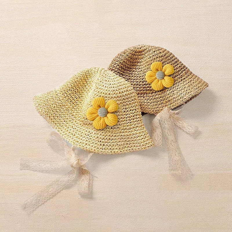 

0-5Y Wide Brim Summer Straw Hat Newborn Girls Boys Sun Visor Cap Children Little Flower Cute Bucket Hat Seaside Sunhat for Kids