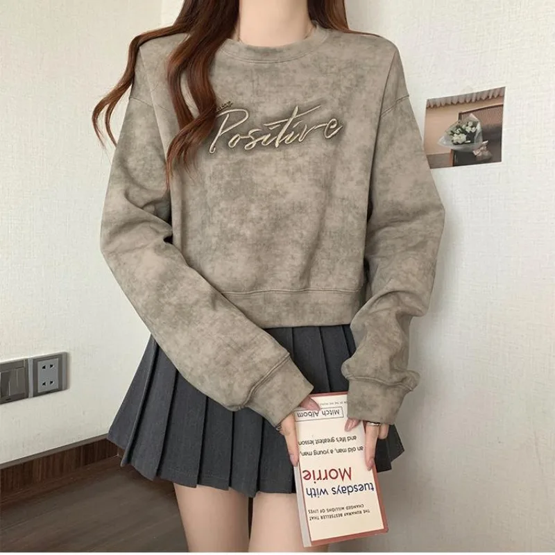 Women's Autumn Winter Fashionable Elegant Round Neck Long Sleeved Pullover Hoodie Casual Versatile Western-style Commuting Tops