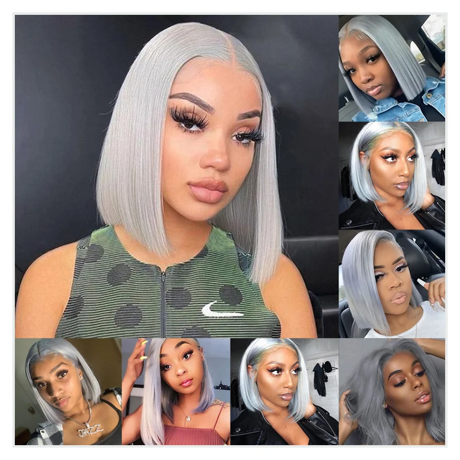 Silver Grey Bob Wig 13x6 Lace Front Human Hair Wigs For Women Transparent Lace Frontal Wig Brazilian Bob Hair Wigs Pre Plucked image 5