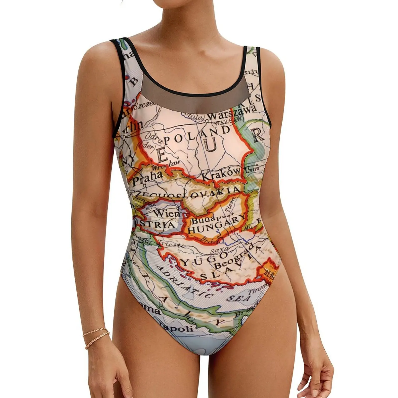 

World Map Swimsuit Colorful Geographic Swimwear One Piece Surfing Bodysuit Cut Out Monokini Women Push Up Sexy Beach Wear Gift