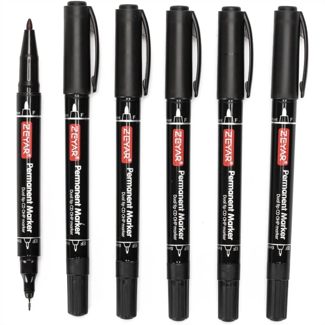 

Twin Tip Permanent Markers, Ultra Fine & Fine Point, 6 Black, Quick Dry, Waterproof for Paper, Plastic, Glass, Metal