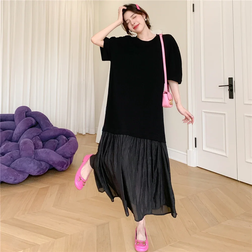 2025 여름 새로운 긴 드레스 여성 니트 패브릭 코튼 느슨한 패널 대형 헴 라인 T 셔츠 드레스 대형