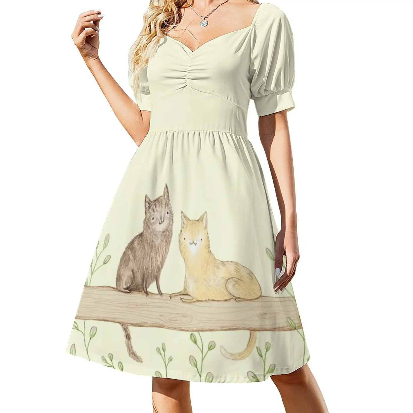 القطط على السياج المرأة الهيب هوب الشارع الشهير فستان الجرافيك طباعة ملابس للنادي القطط سياج على السياج لطيف البسيط المرأة