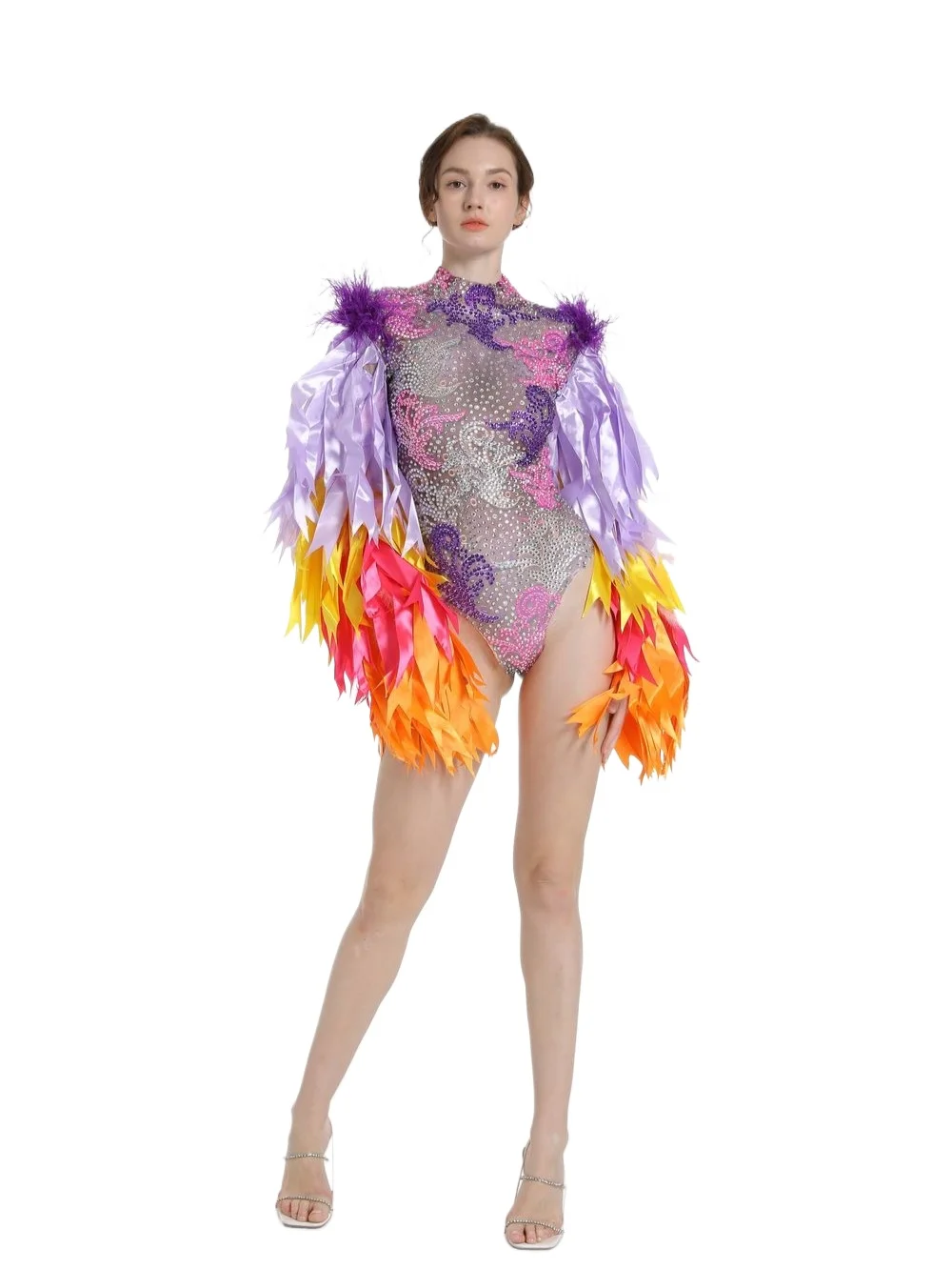 

Women Sparkly Colorful Ribbon Nightclub Stage Bodysuits Costumes Wears 2026 Showgirl Cheerleader Queen Outfits