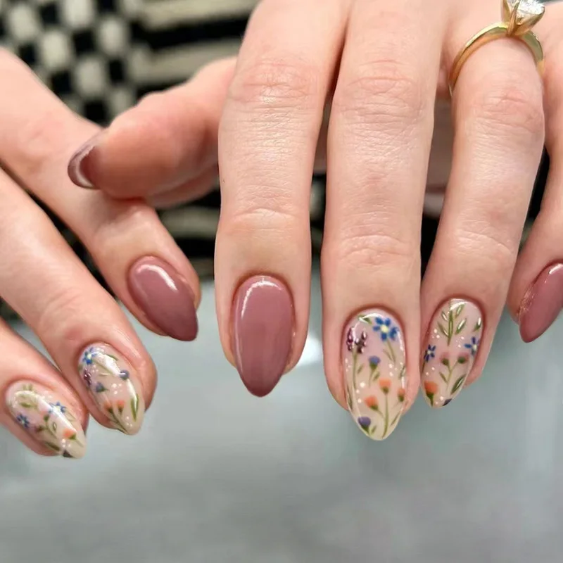 

24Pcs Short Almond Full Cover Nails Tips Simple Flower Grass Design Press on Fake Nails with Jelly Glue Wearable False Nails Art