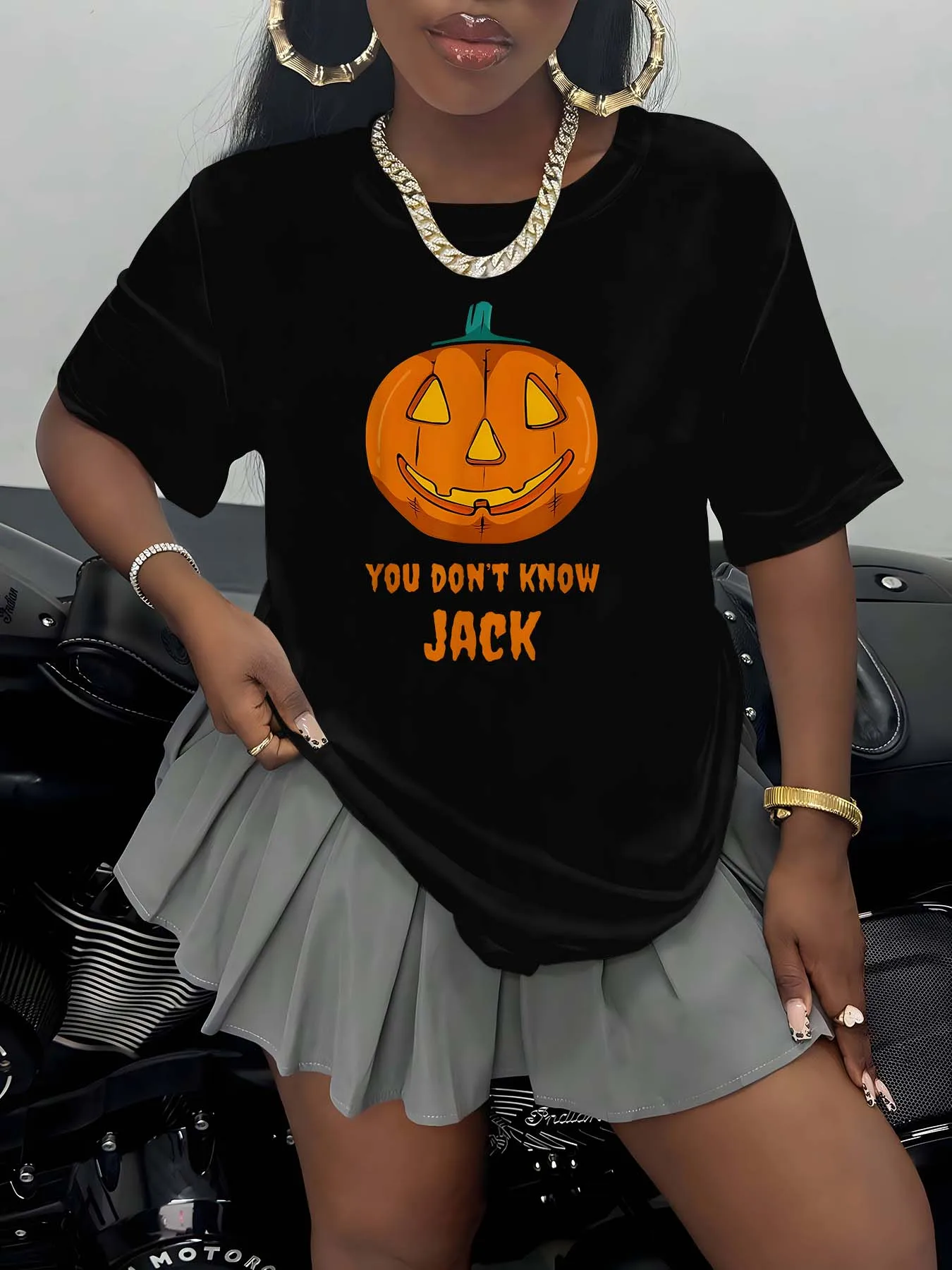 

Plus Size Fashion Piece Featuring Classic Jack - O - Lantern Design And Playful Phrase Merging Halloween Fun And Stylish Appeal