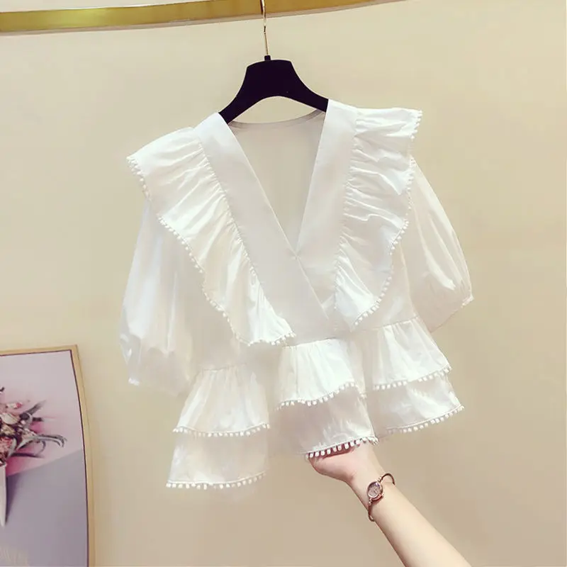 French Style Sweet Ruffles Patchwork V-neck Short Sleeve Shirts Women's 2024 Summer New Fashion Solid Color Chiffon Blouses Tops