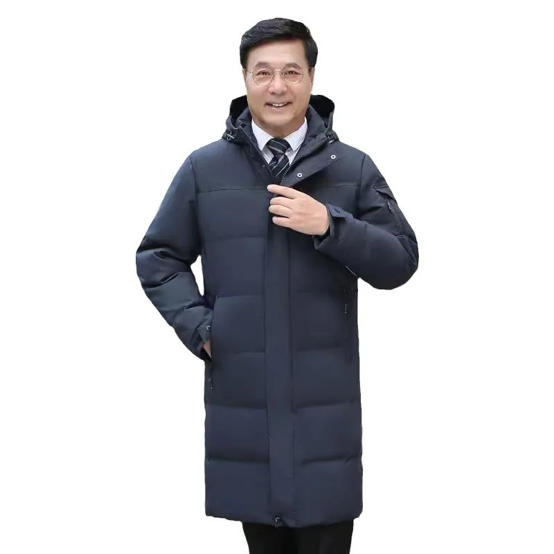 Manteau à capuche en duvet de canard blanc pour homme d'âge moyen, veste longue au-dessus du genou, plus optique, papa, hiver