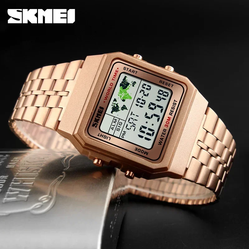 SKMEI Top Luxury Fashion Sport Watch Men Alarm Clock 3Bar Waterproof Stainless Steel Strap Digital Watches reloj hombre 1338