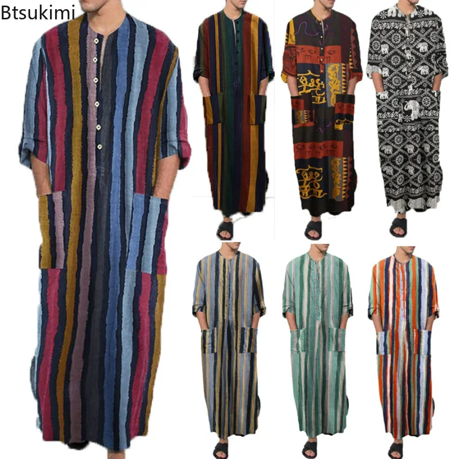 2024เสื้อผ้ามุสลิมชายAbayasผ้าฝ้ายผ้าลินินNightgownsเสื้อคลุมอาบน้ําRobe Kaftan Holiday Beach Robe ManมุสลิมKaftanอาหรับชุด