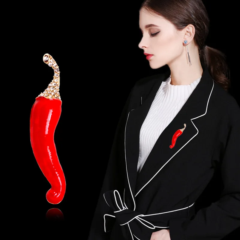 Classic Red Enamel Pepper Rhinestone Brooches For Women Trendy Drip Oil Chili Vegetable Brooch OOTD Clothing Pins Casual Jewelry