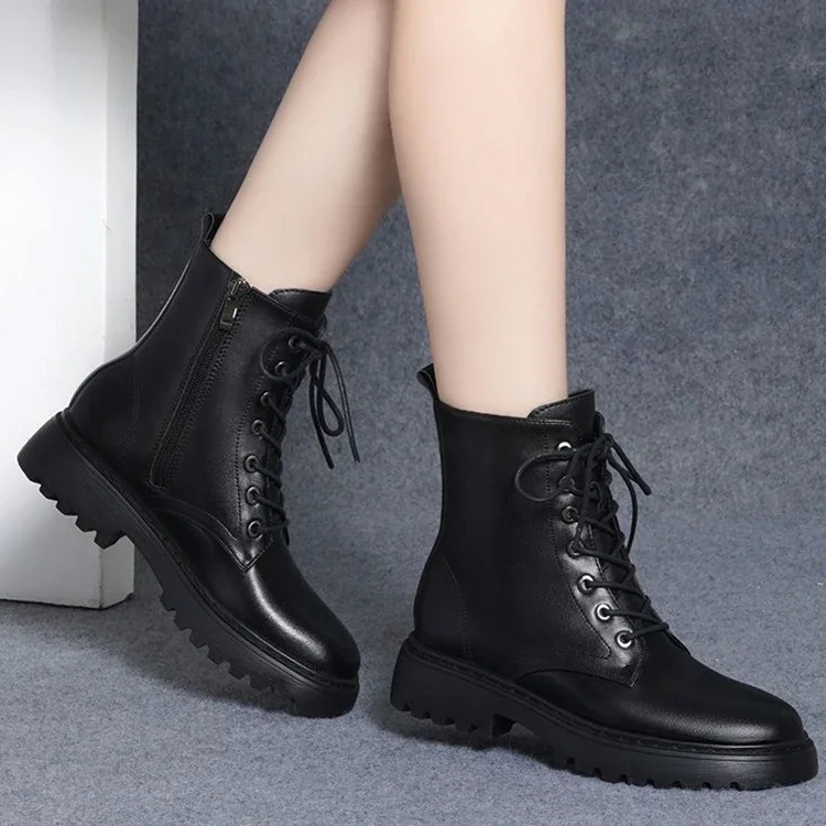Soft Leather Ankle Boots Women New Autumn Winter Simple Square Toe Short Boots Commute Casual Slip On Shoes