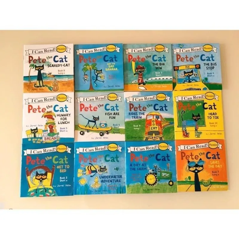 12 Buch/Set Ich kann die Pete Cat Books Sets in Englisch lesen Kinder Bilder geschichte Bücher Lernspiel zeug Kinder Tasche Lesebuch