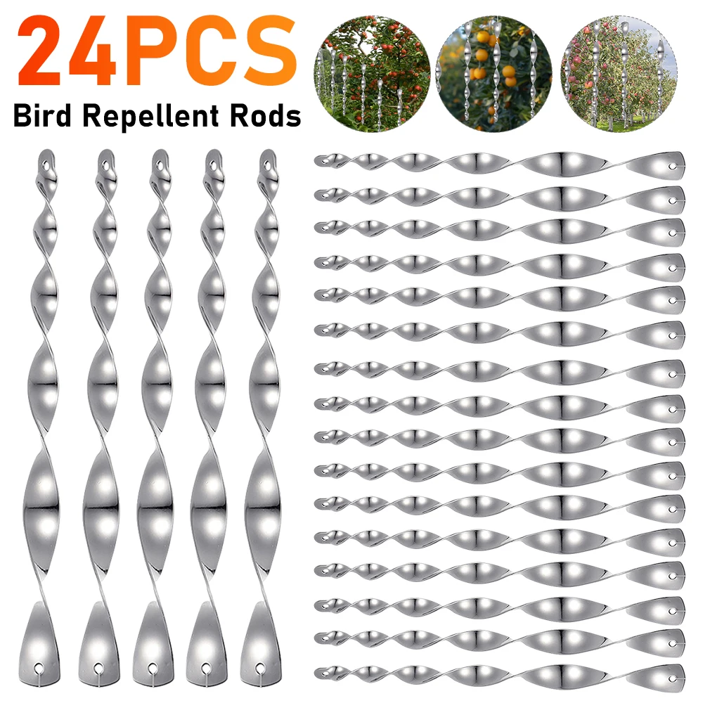 Varillas reflectantes repelentes de aves, dispositivo disuasorio de aves, repelente de aves, varilla giratoria en espiral de viento, varillas reflectantes para asustar al jardín, 24 Uds.