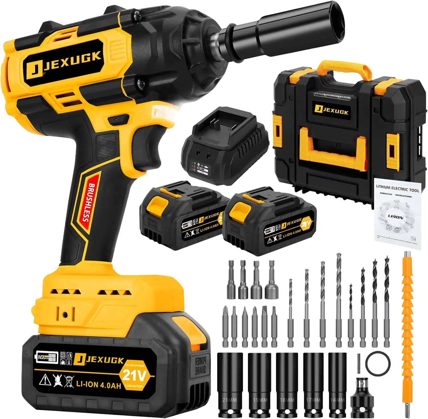 850N.M Cordless Impact Wrench Set, 1/2 Inch 640Ft-Lbs 21V Brushless Impact Gun, Llave De Impacto W/ 2 X 4.0Ah Battery, Charger,