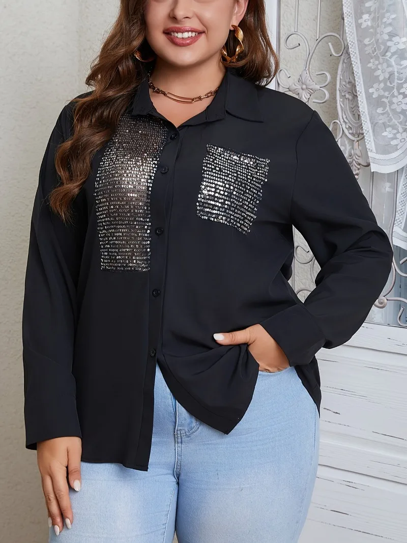 Plus Size 1XL-5XL bluzki damskie z kontrastowym cekinowym kołnierzem zapinanym na guziki Top bluzki dla kobiet