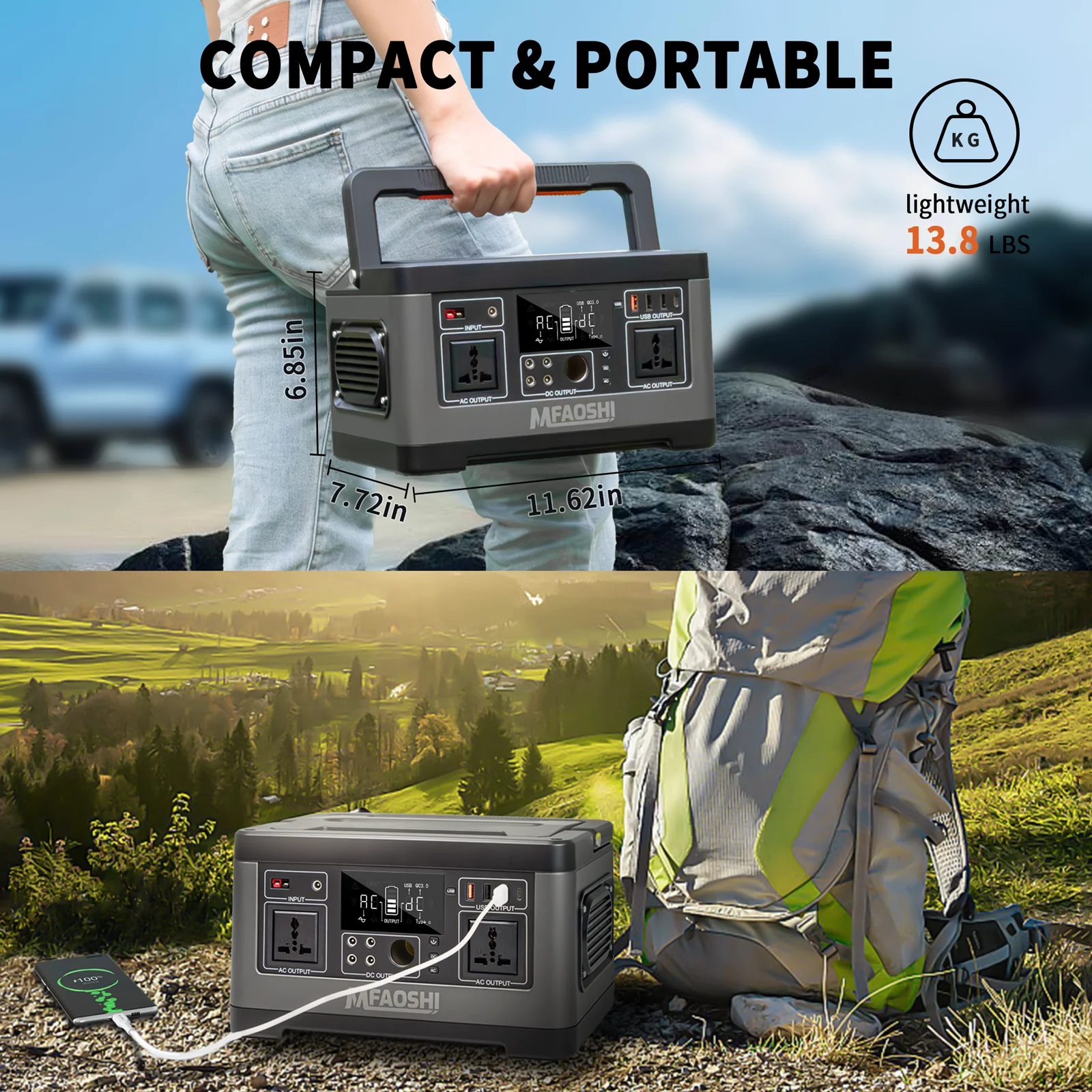 MFAOSHI 500W 520Wh Portable Power Station with AC 110V, 3-Port 12V DC Dual USB Sockets for CPAP Home Camping Emergency Backup.