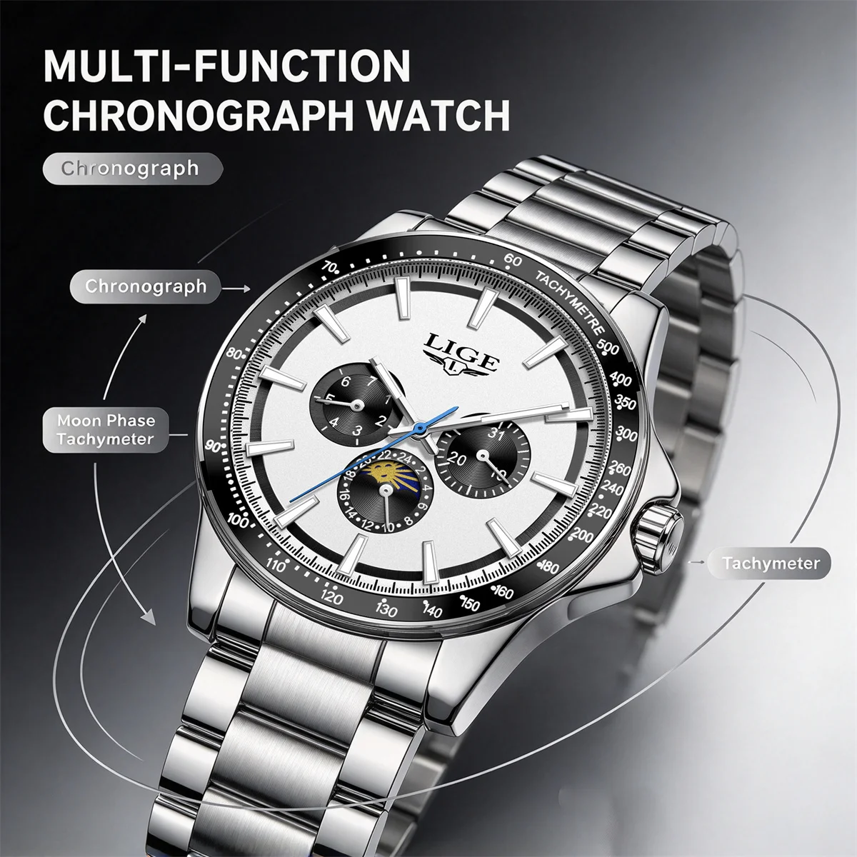 LIGE brand luxury watches mens Luminous Calendar Moon phase Waterproof Business quartz Stainless mens wristwatch reloj hommes