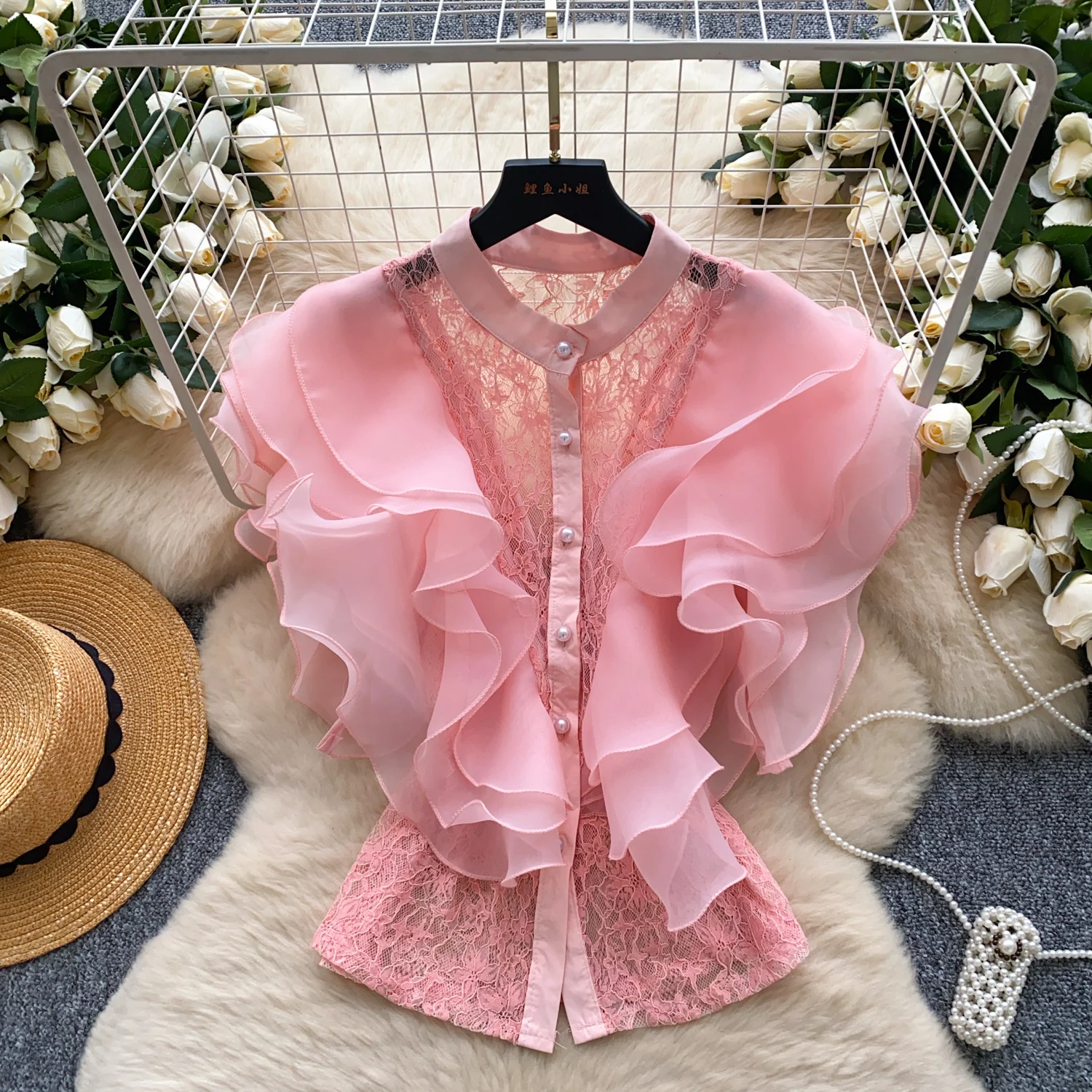 

Luxury Women 3D Ruffles Edges Splicing Flowers Crocheted Lace Shirts Summer Pearls Single Breasted Chiffon Blouses Crop Tops