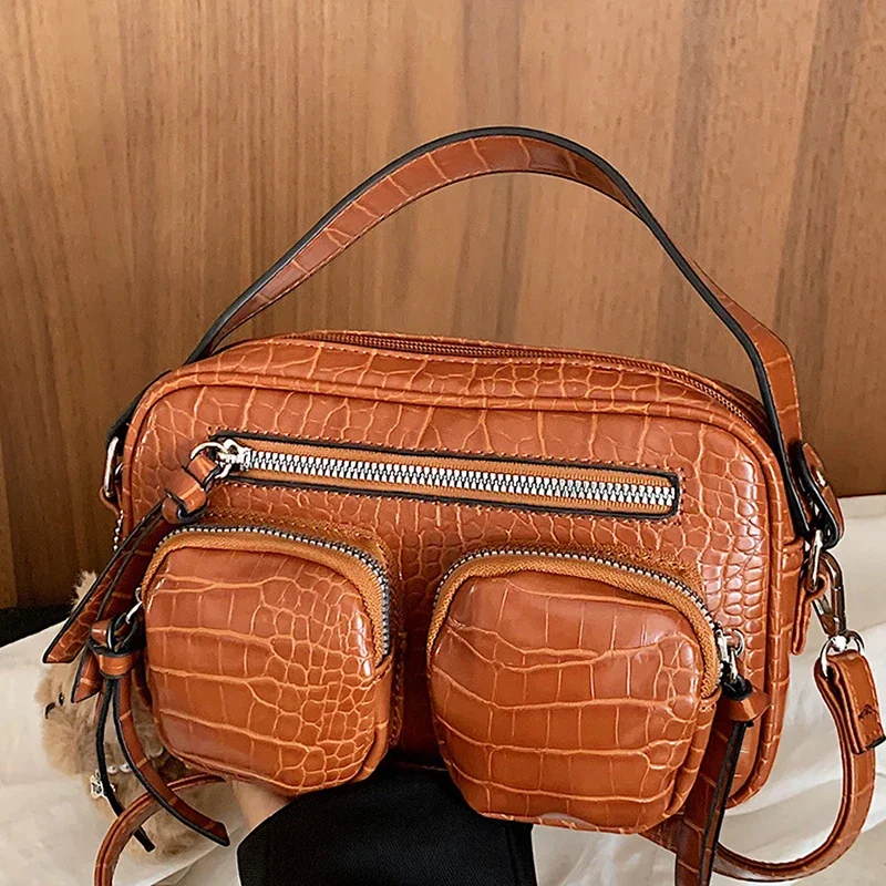 Mehrteilige Umhängetasche mit Krokodilmuster, Damen-Sling-Bag, Messenger-Bag mit Reißverschluss, einfarbige Outdoor-Handtasche – Detail 4