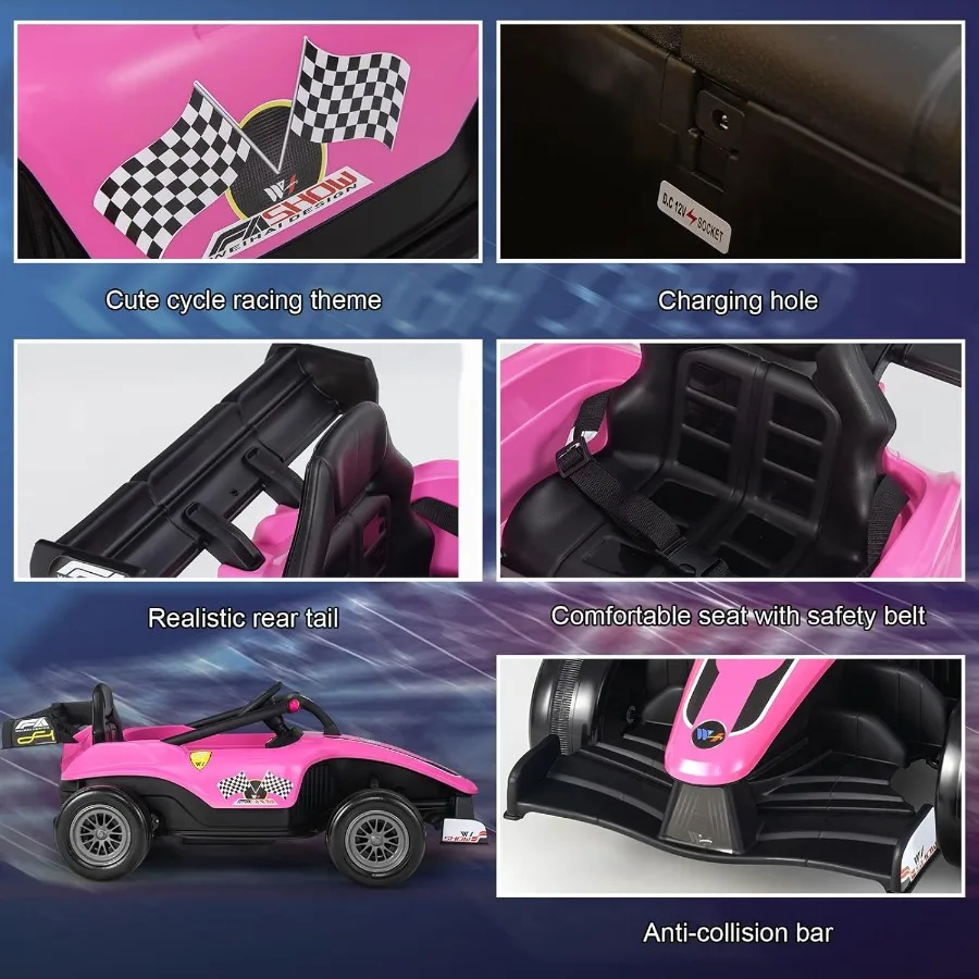 12V 레이서 고카트, 리모컨 포함 전동 승용완구, 스프링 서스펜션, 음악, LED 조명, USB 포트, 1.2-3.1 MPH 배터리