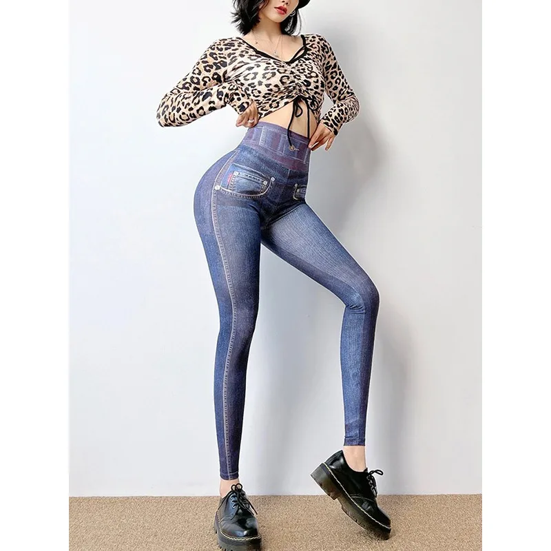 Krisnanas Denim Printed Yoga Pants for Woman 2025 High Waist Training Workout Gym Stylish Leggings Female Trousers 96605