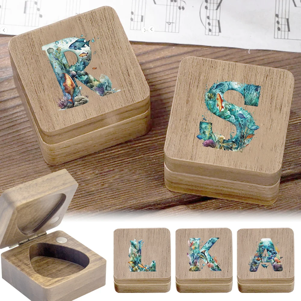 

1pc Wooden Guitar Pick Box Storage Case For Plectrums Perfect For Bass Ukulele Stylish Accessory Initial Name 26 Letters Pattern