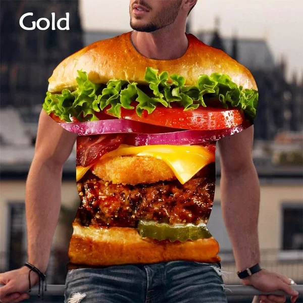 Fashion Burger Pizza Fries 3D Printing Men's Round Neck Summer Short Sleeve Tops T-shirt