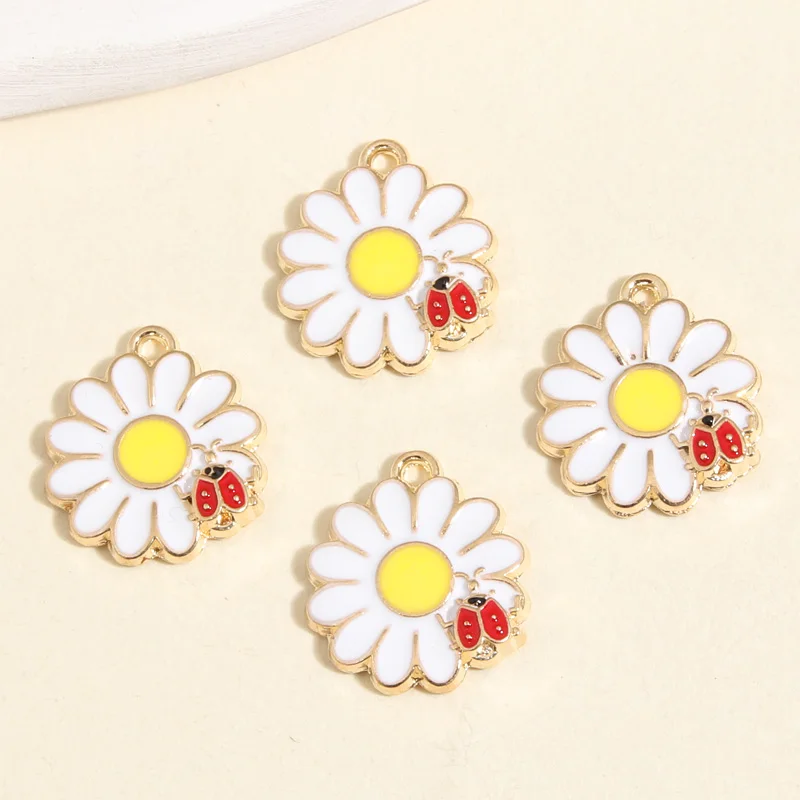 10pcs Gold Color 18x16mm Cute Flower Ladybug Charms Enamel Pendant Fit Necklaces Earrings Jewelry Making Handcrafted Accessories