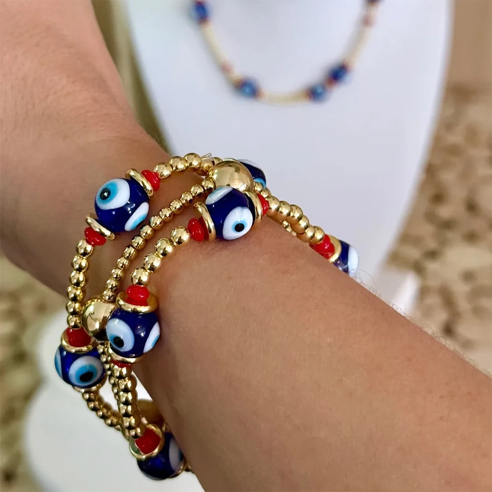 KKBEAD Boho-Armband mit bösem Blick für Damen, 18 Karat vergoldet, verstellbar, stapelbar, handgefertigt, Stretch-Armband, Schmuck, Geschenk – Detail 1
