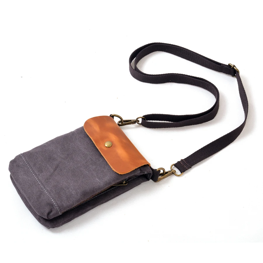 Vintage Canvas Leather Crossbody Bag Men Mini Cell Phone Sling Bag Outdoor Travel Daily Carry Pouch