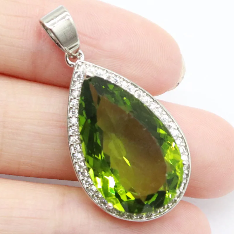 Buy 3 Get 1 Free 37x18mm Highly Recommend Big Gemstone Drop Pink Kunzite Green Peridot White CZ Woman\'s Silver Pendant