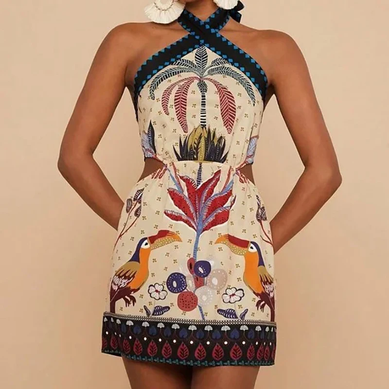 2025 elegante sem costas rendas vestido curto sexy sem mangas halter bohe mini vestido feminino moda padrão impressão magro a linha vestido