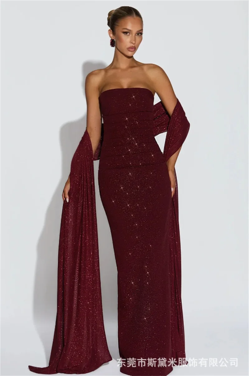 

Long Scarf Prom Dress Shiny Burgundy Sexy Strapless Sleeveless Sheath Party Bridal Gown Formal Guest Wedding Birthday Robe