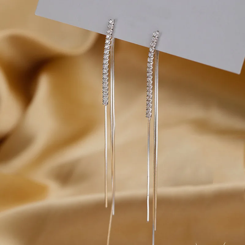 Pendientes de borla de Plata de Ley 925 para mujer, aretes largos y brillantes de circón, simples, joyería para fiesta de boda, regalo de cumpleaños