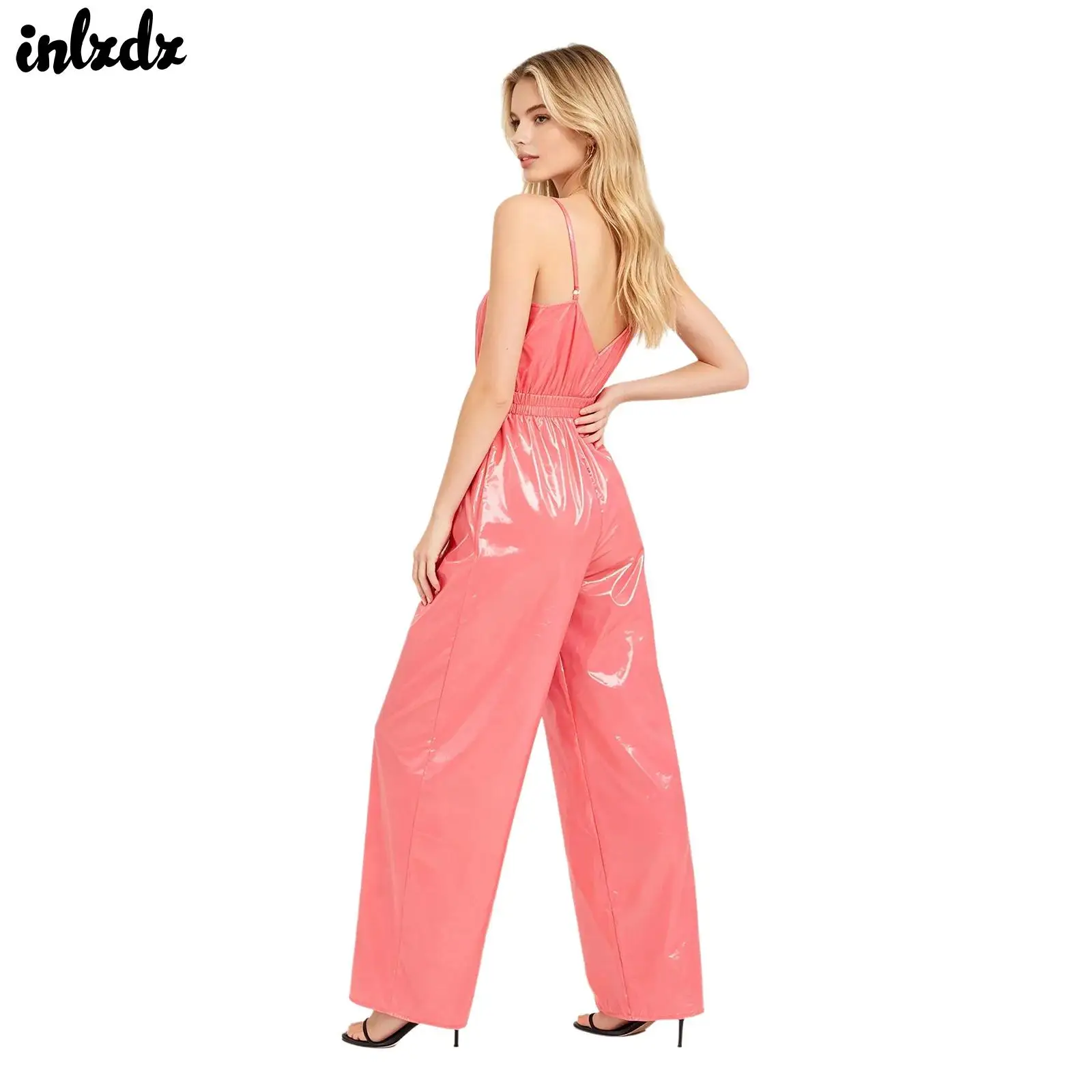 Womens Glossy Waterproof Overalls Jumpsuit High Waist Loose Wide Leg Long Trousers Wrap V Neck Backless Rompers Clubwear